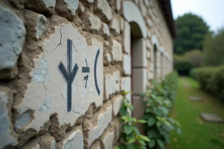 Symboles gitans gravés sur le mur en pierre d'une vieille maison rurale européenne, marques traditionnelles de wayfinding effacées par le temps