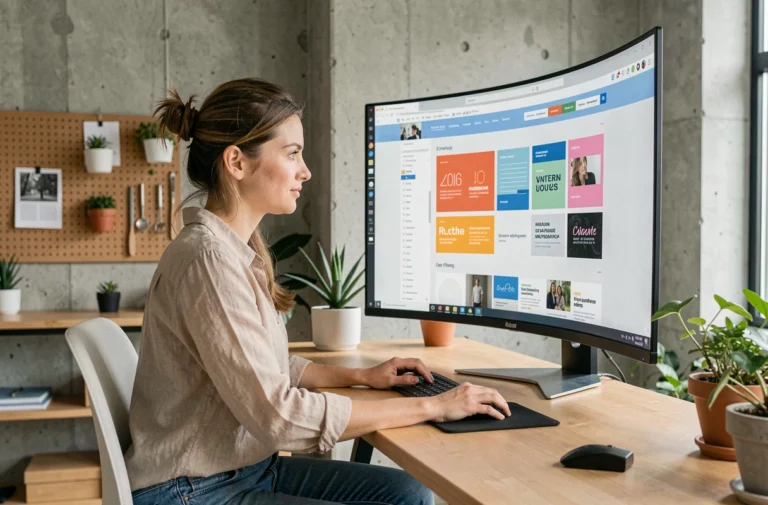 Développeuse web en studio moderne consultant un wireframe de site internet sur grand écran ultrawide