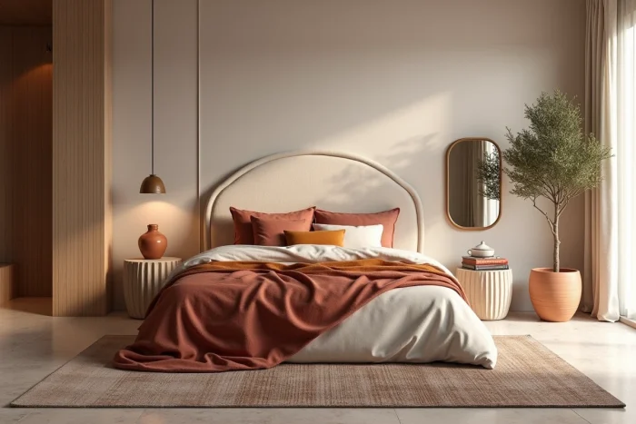 Chambre contemporaine avec tête de lit arquée en lin vieux rose, literie en terracotta et table de chevet en travertin cannelé