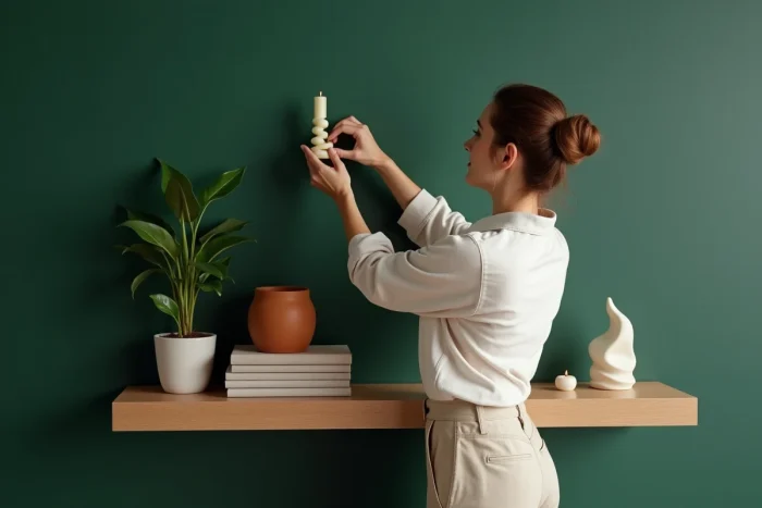 Femme arrangeant des objets décoratifs sur une étagère murale en bois devant un mur vert foncé avec plantes et accessoires tendance