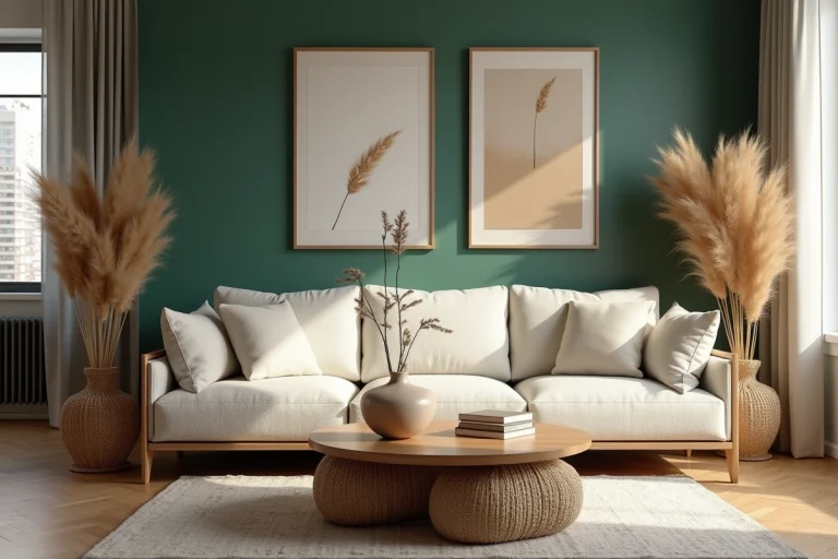 Salon moderne décoré avec canapé bouclé blanc cassé, vase en céramique et plantes pampas sur parquet chêne dans un appartement contemporain