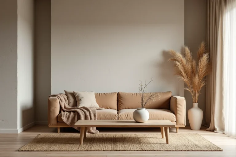 Salon scandinave moderne avec canapé en lin beige, table basse en chêne et herbes de la pampa séchées dans un vase céramique