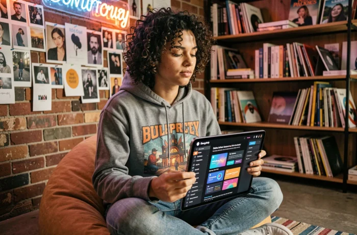 Jeune créatif en agence digitale explorant un tableau de bord de design web moderne sur tablette