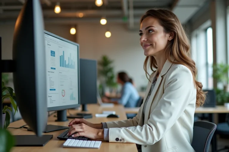 Femme professionnelle analysant des tableaux de bord digitaux sur un grand écran dans un bureau moderne