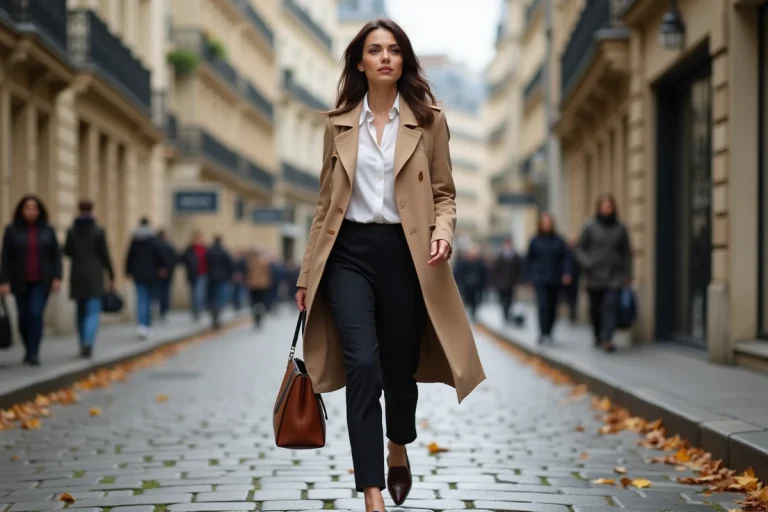 Femme parisienne portant un trench coat beige et un sac en cuir structuré en se promenant dans le Marais, tendances mode automne Paris