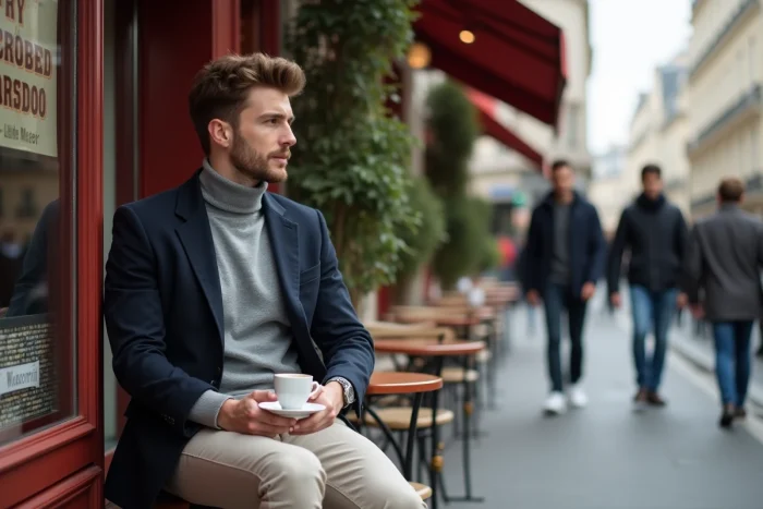 Homme élégant en blazer marine et col roulé gris assis en terrasse de café parisien, style mode masculin tendance Paris