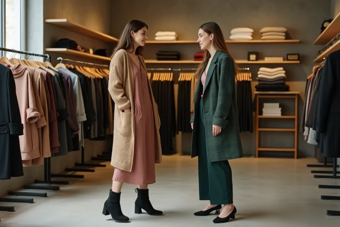 Deux femmes stylées essayant des vêtements tendance dans un concept store parisien, mode automne-hiver Paris shopping