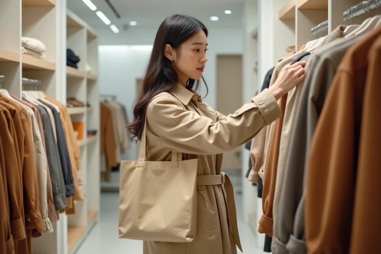 Jeune femme faisant du shopping dans une boutique moderne, parcourant des vêtements tendance avec des sacs réutilisables