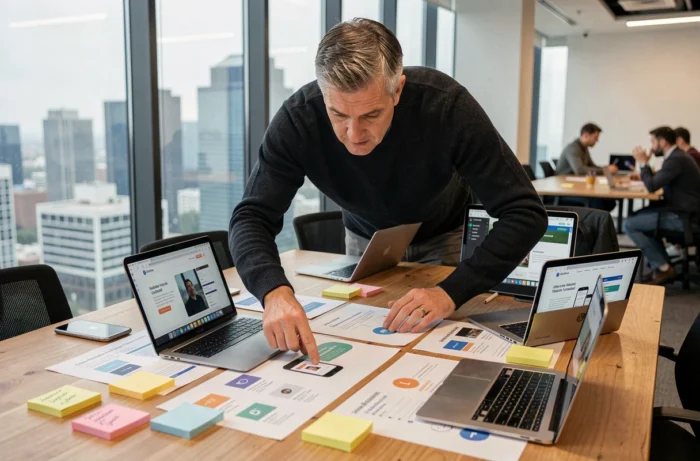 Designer UX analysant des maquettes de sites web responsive sur une table de co-working avec vue urbaine