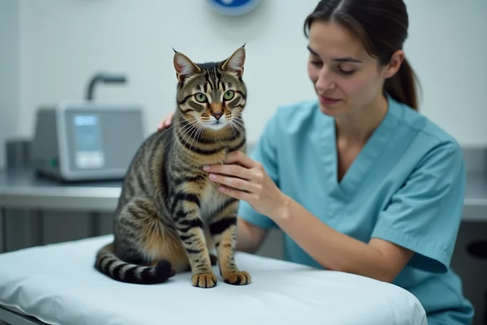 Vétérinaire examinant un chat sur une table de consultation pour prescrire un traitement antibiotique comme la clavaseptine