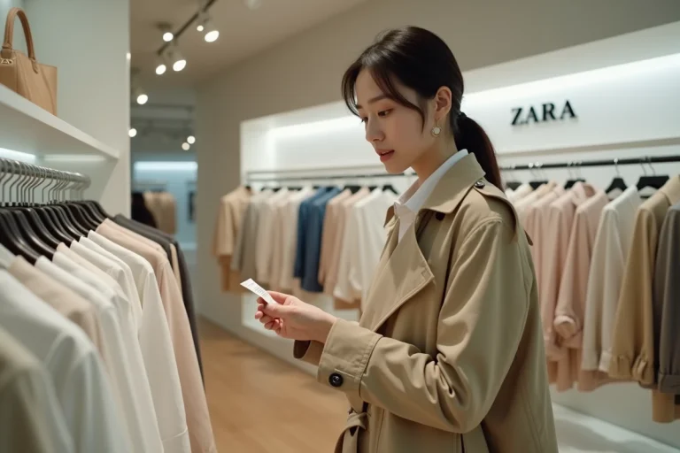 Femme comparant les prix chez Zara dans un magasin de Tokyo avec une étiquette de prix visible